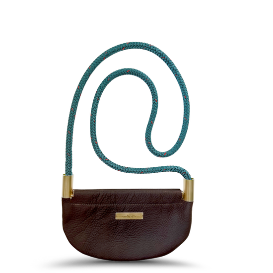 brown leather oyster shell bag with teal dock line