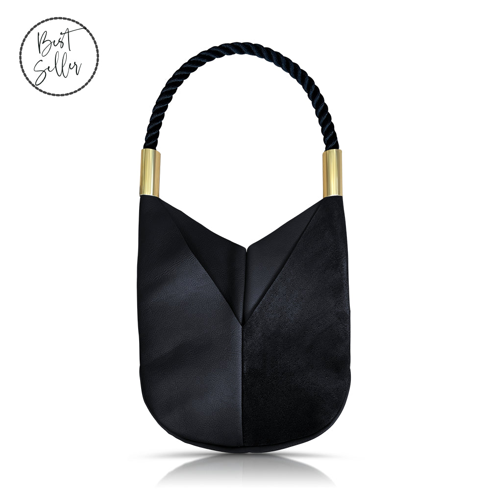 Handmade Black Leather Boho Tote Bag with Rope Handle Summer Night Black / Add A Matching Seaweed Tassel (Save
