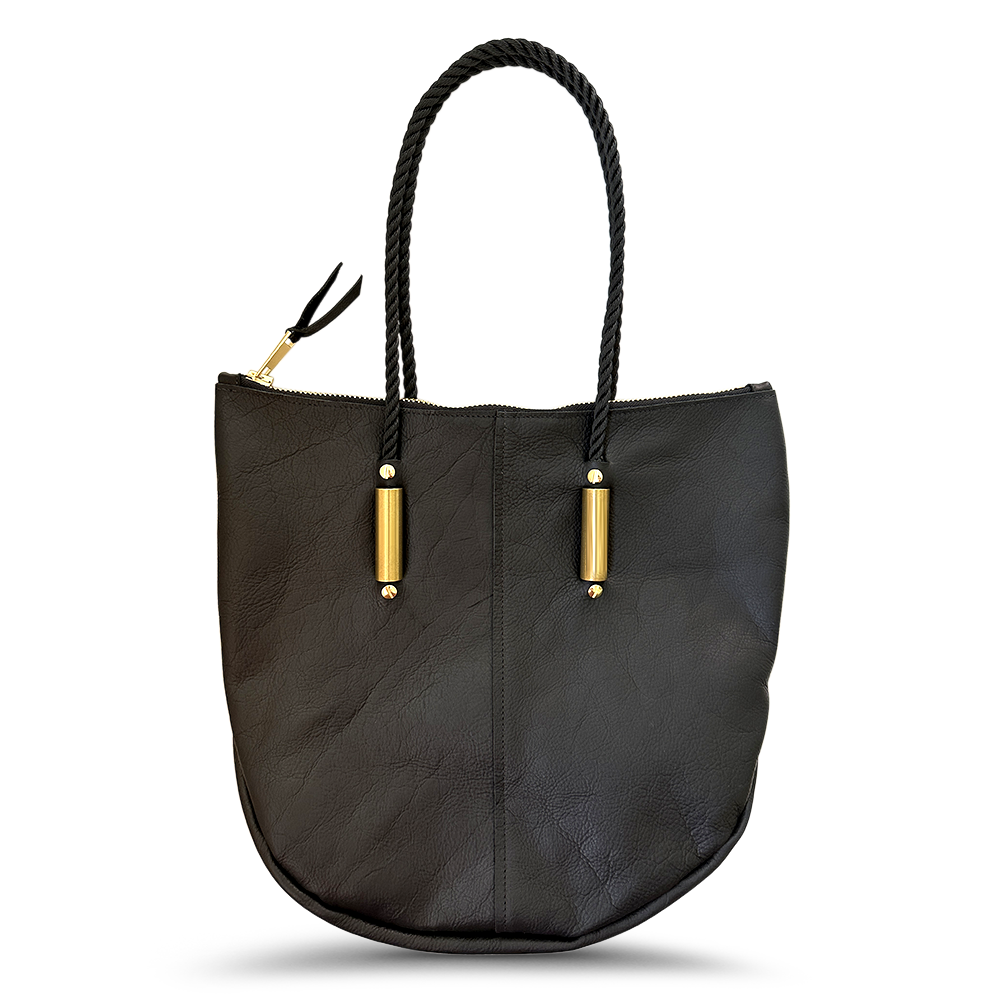 Load image into Gallery viewer, Black leather and suede tote with rope
