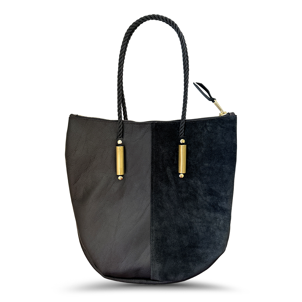 Black leather and suede tote with rope