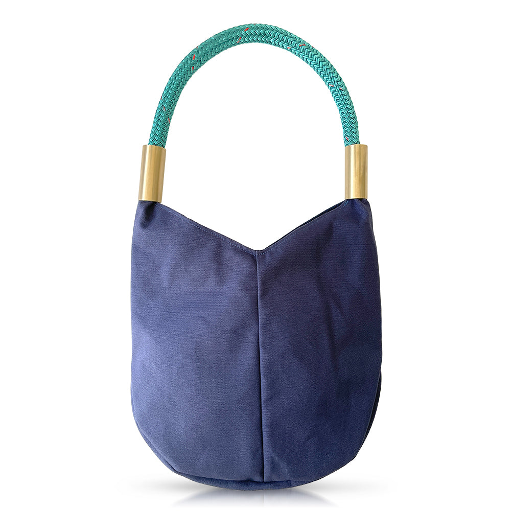 Navy Canvas Tote with Teal Dock Line with a solid back