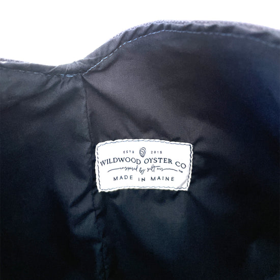 Inside of navy canvas bag- WIldwood oyster co - inspired by salt air- made in maine